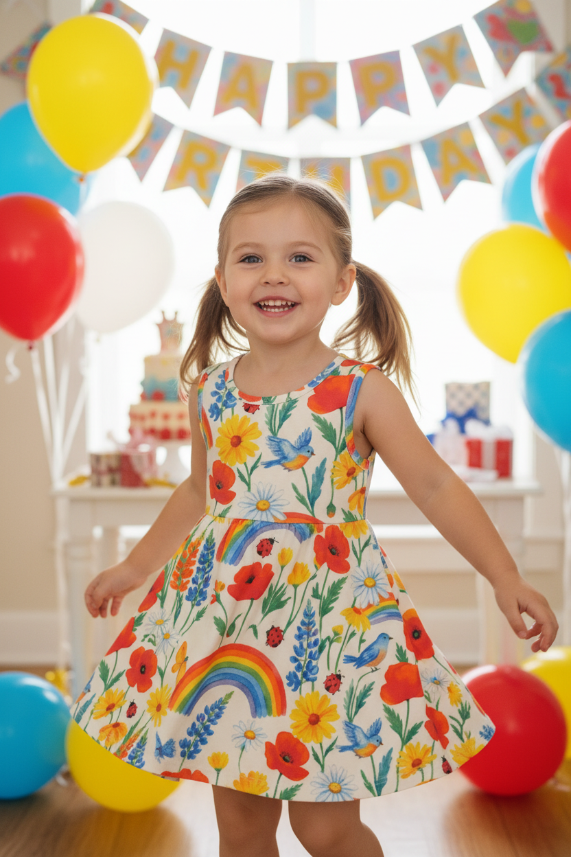 Rainbow Meadow Organic Cotton Girls Dress | Toddler & Kids Dress 2T-8T